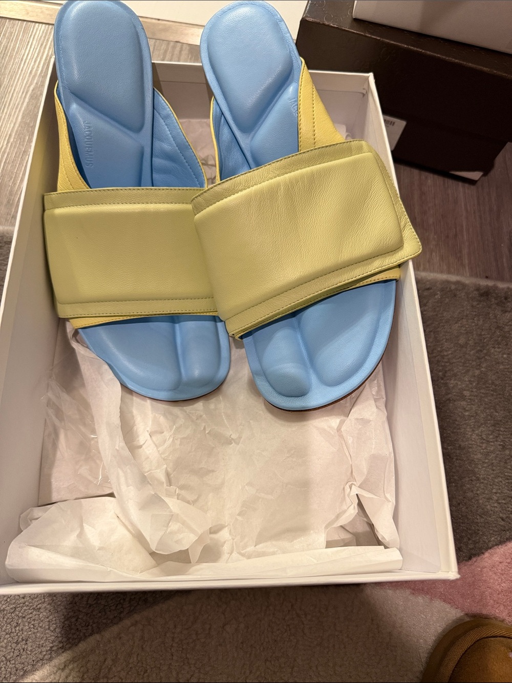 Jacquemus Light Blue and Pale Yellow Leather Slide Sandals